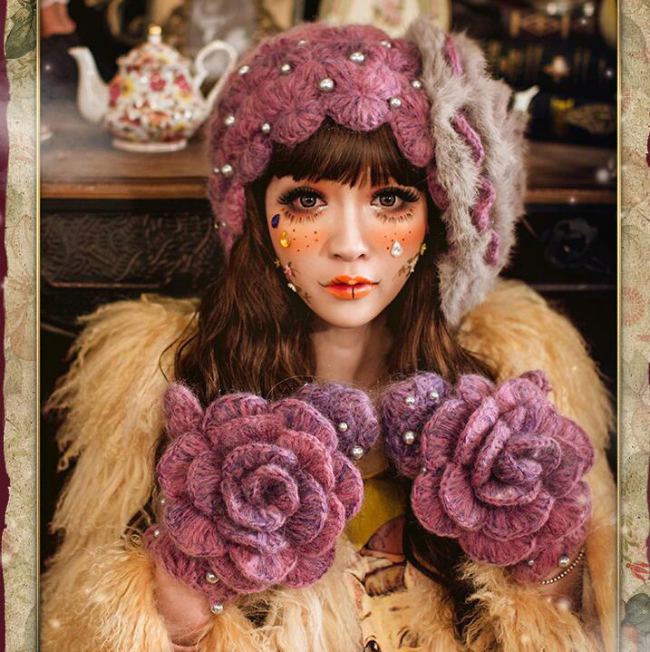 Retro Knitted Wool Hats Girls Winter Warm Sweet Rabbit Fur Flower Pearl Beret Caps - Purple