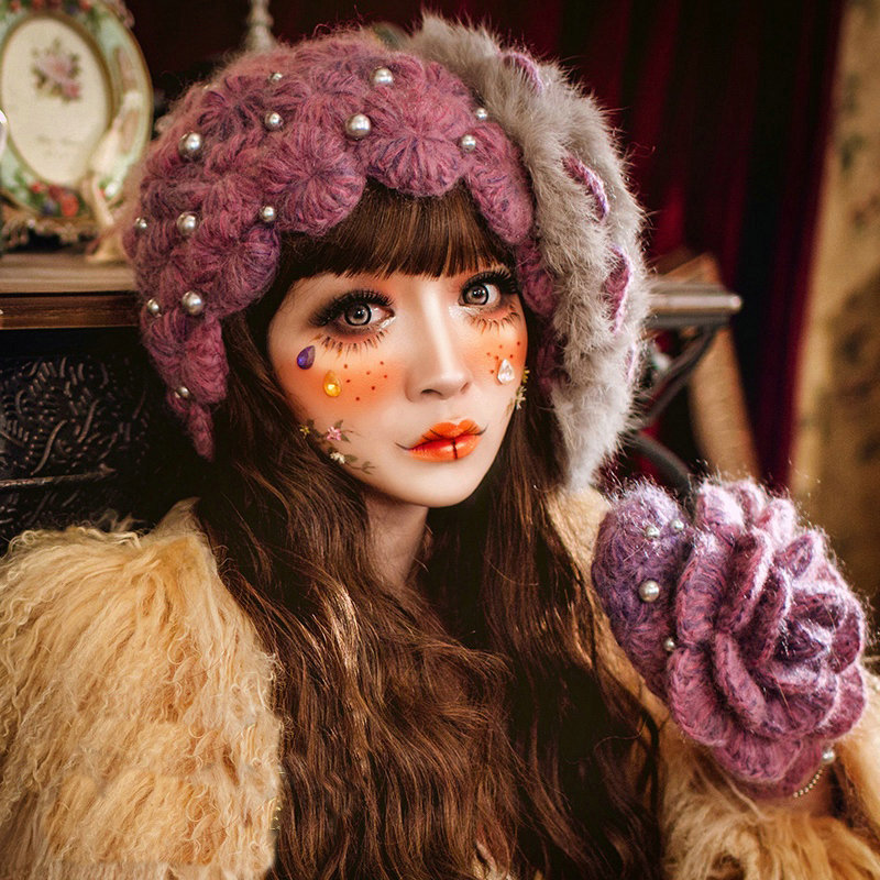 Retro Knitted Wool Hats Girls Winter Warm Sweet Rabbit Fur Flower Pearl Beret Caps - Purple