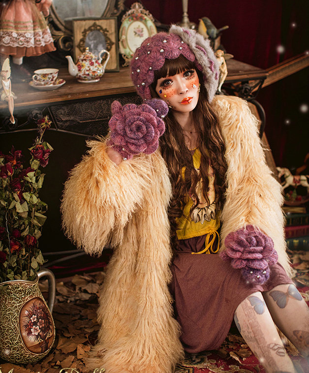 Retro Knitted Wool Hats Girls Winter Warm Sweet Rabbit Fur Flower Pearl Beret Caps - Purple