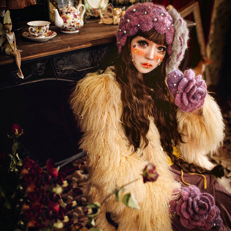 Retro Knitted Wool Hats Girls Winter Warm Sweet Rabbit Fur Flower Pearl Beret Caps - Purple