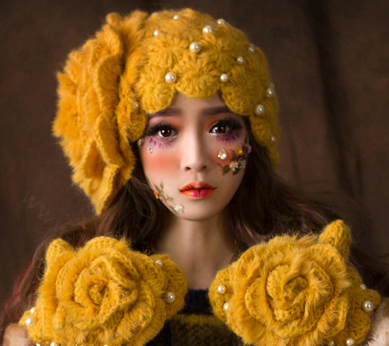 Retro Knitted Wool Hats Girls Winter Warm Sweet Rabbit Fur Flower Pearl Beret Caps - Yellow