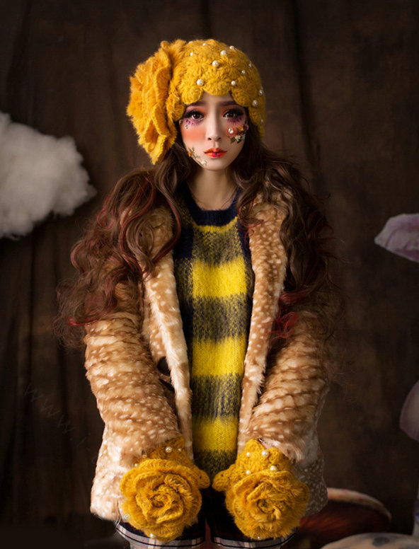 Retro Knitted Wool Hats Girls Winter Warm Sweet Rabbit Fur Flower Pearl Beret Caps - Yellow