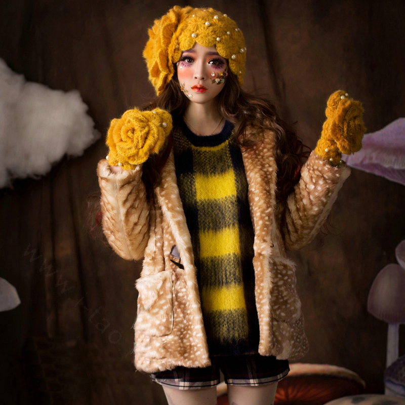 Retro Knitted Wool Hats Girls Winter Warm Sweet Rabbit Fur Flower Pearl Beret Caps - Yellow