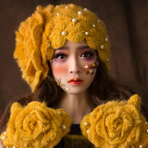 Retro Knitted Wool Hats Girls Winter Warm Sweet Rabbit Fur Flower Pearl Beret Caps - Yellow
