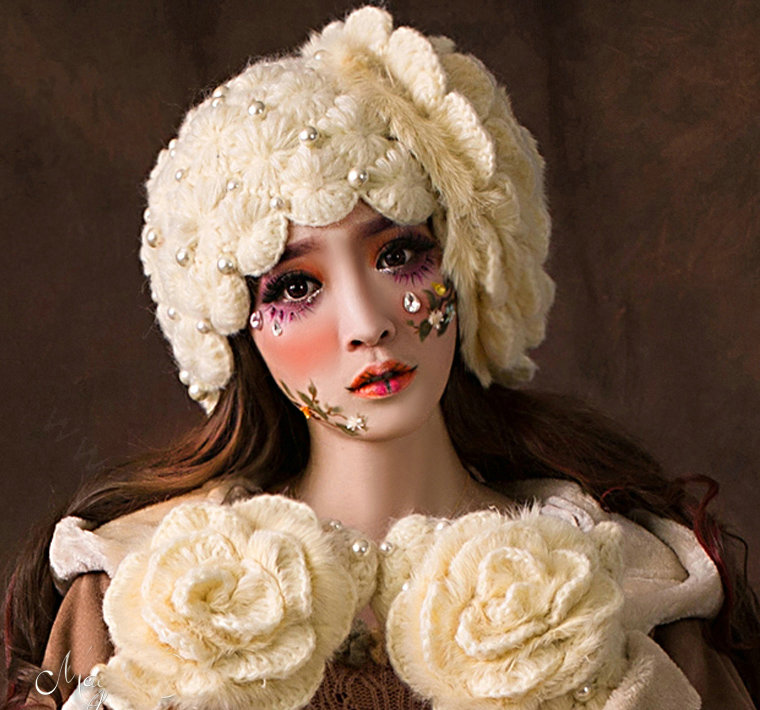 Retro Knitted Wool Hats Women Winter Warm Sweet Rabbit Fur Flower Pearl Beret Caps - Beige