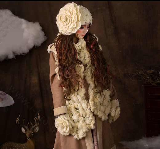 Retro Knitted Wool Hats Women Winter Warm Sweet Rabbit Fur Flower Pearl Beret Caps - Beige