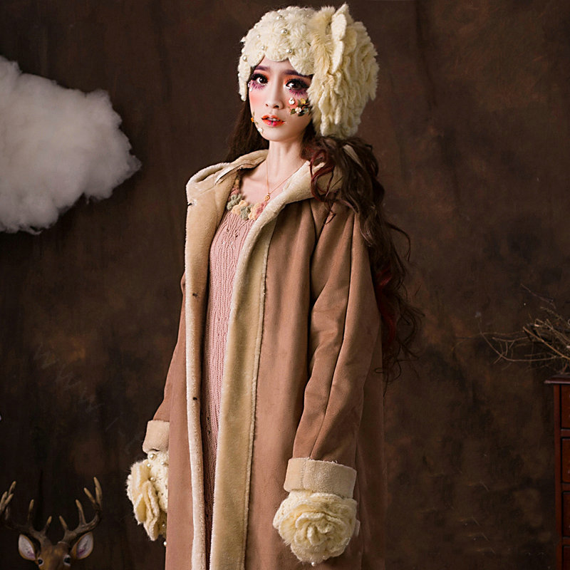 Retro Knitted Wool Hats Women Winter Warm Sweet Rabbit Fur Flower Pearl Beret Caps - Beige
