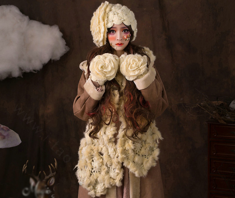 Retro Knitted Wool Hats Women Winter Warm Sweet Rabbit Fur Flower Pearl Beret Caps - Beige