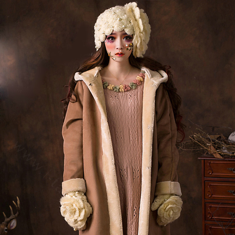Retro Knitted Wool Hats Women Winter Warm Sweet Rabbit Fur Flower Pearl Beret Caps - Beige