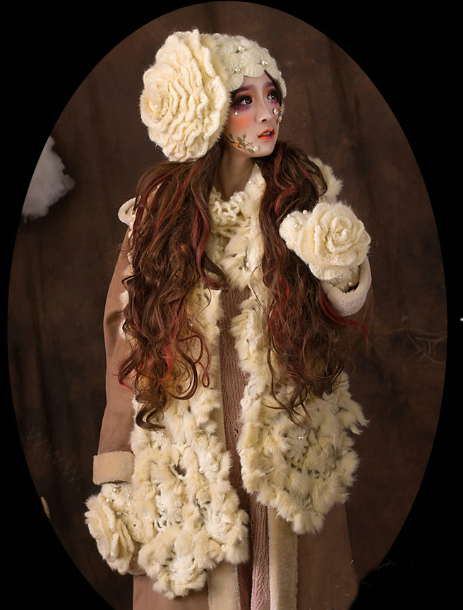 Retro Knitted Wool Hats Women Winter Warm Sweet Rabbit Fur Flower Pearl Beret Caps - Beige