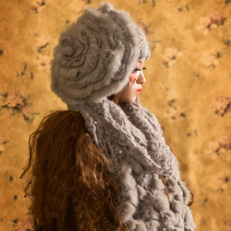 Retro Knitted Wool Hats Women Winter Warm Sweet Rabbit Fur Flower Pearl Beret Caps - Gray