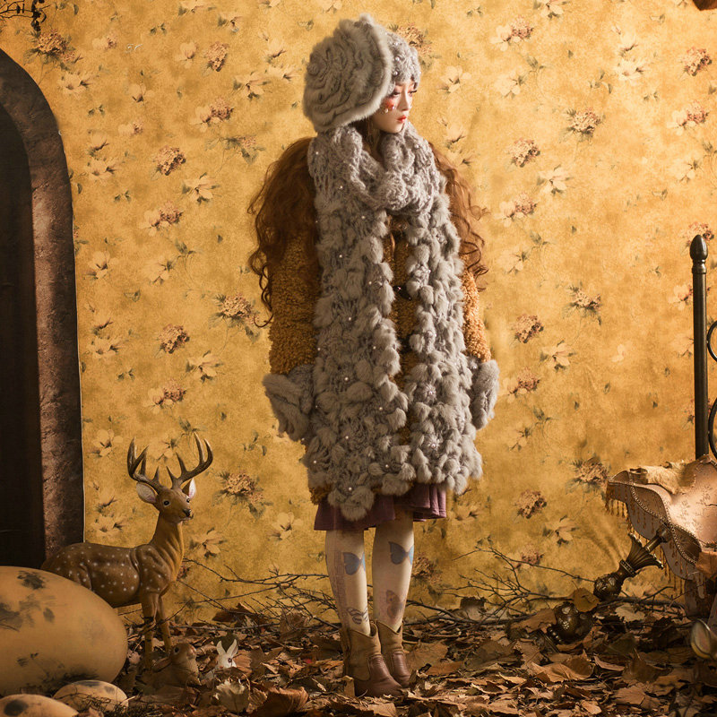 Retro Knitted Wool Hats Women Winter Warm Sweet Rabbit Fur Flower Pearl Beret Caps - Gray