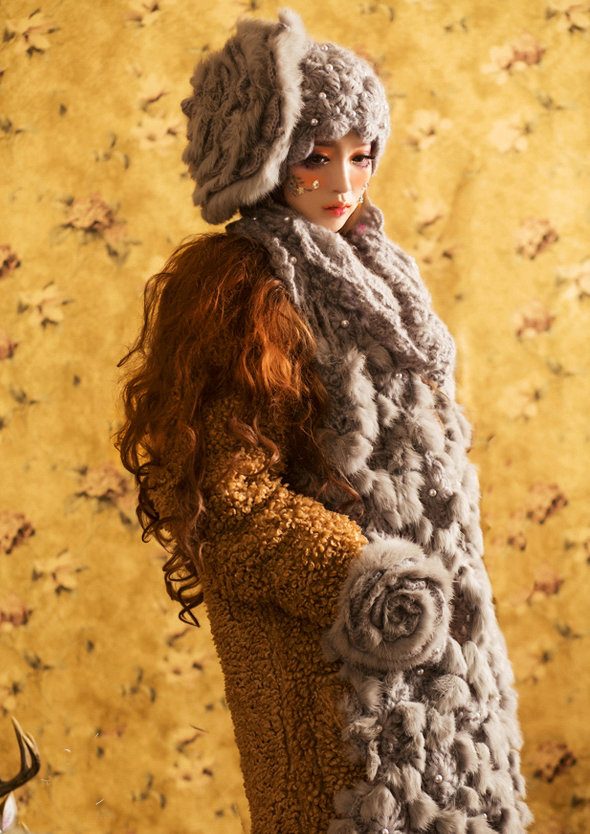 Retro Knitted Wool Hats Women Winter Warm Sweet Rabbit Fur Flower Pearl Beret Caps - Gray