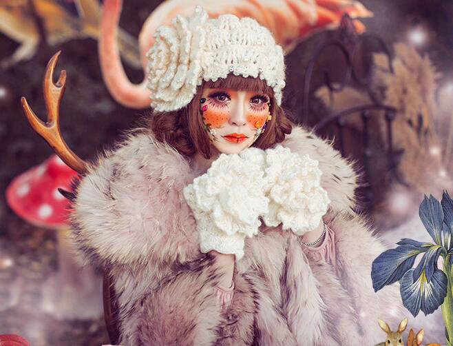 Retro Princess Beret Knitted Wool Hats Girls Winter Warm Lily Flower Pearl Caps - Beige