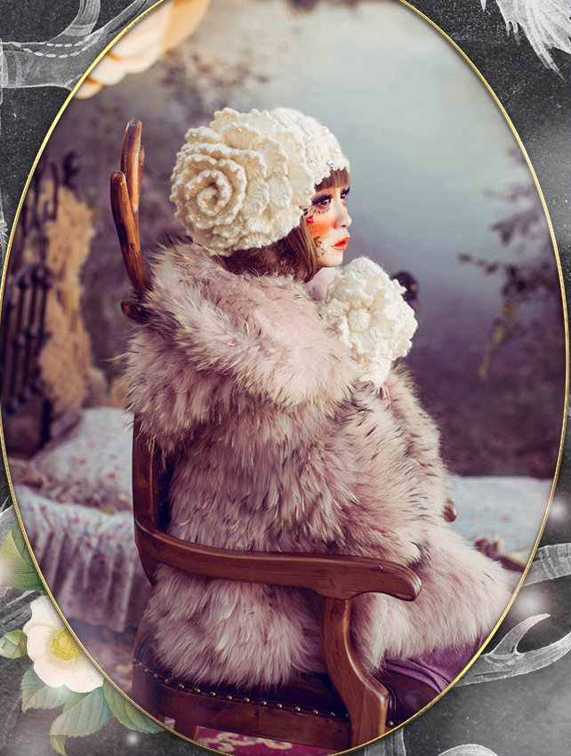 Retro Princess Beret Knitted Wool Hats Girls Winter Warm Lily Flower Pearl Caps - Beige