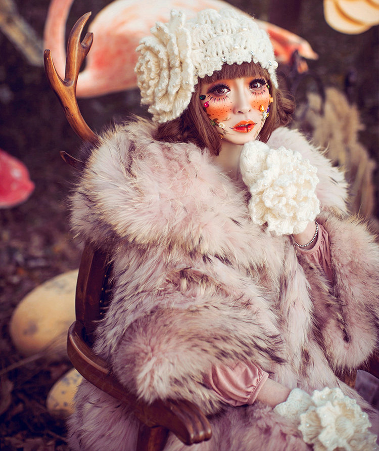 Retro Princess Beret Knitted Wool Hats Girls Winter Warm Lily Flower Pearl Caps - Beige