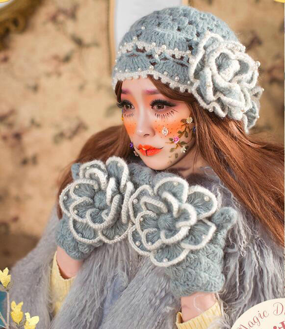 Retro Princess Beret Knitted Wool Hats Girls Winter Warm Lily Flower Pearl Caps - Gray