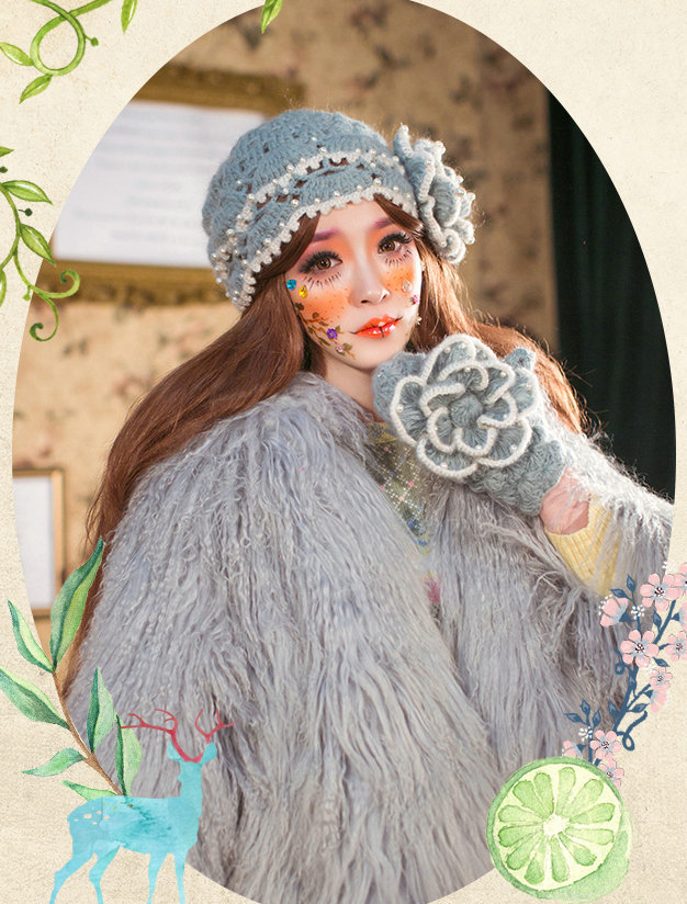 Retro Princess Beret Knitted Wool Hats Girls Winter Warm Lily Flower Pearl Caps - Gray