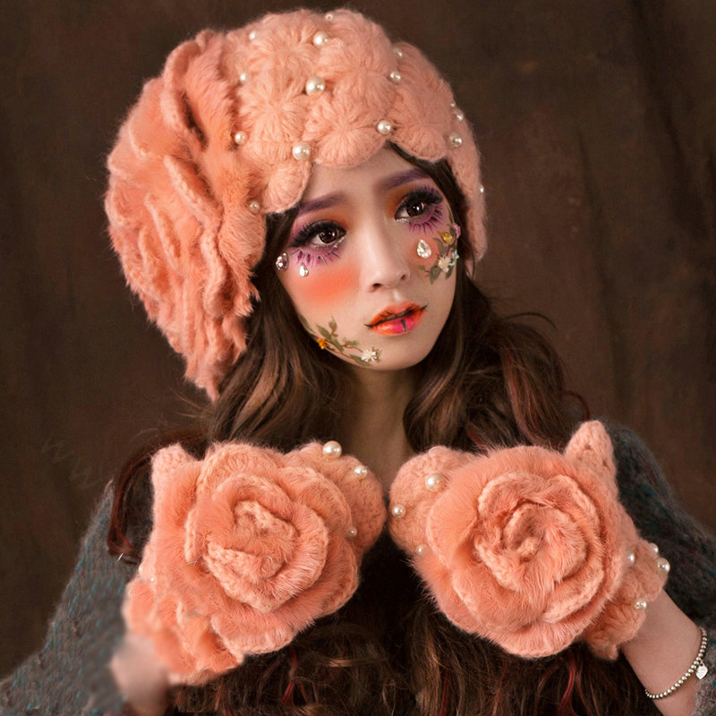 Retro Princess Beret Knitted Wool Hats Girls Winter Warm Lily Flower Pearl Caps - Orange