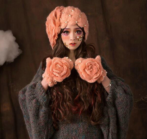 Retro Princess Beret Knitted Wool Hats Girls Winter Warm Lily Flower Pearl Caps - Orange