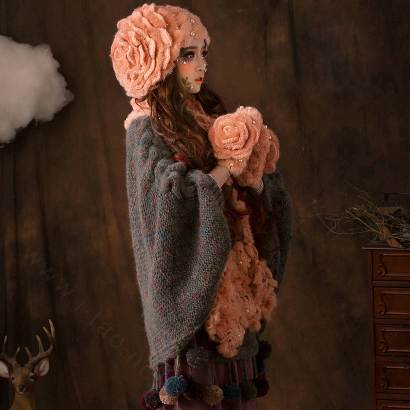 Retro Princess Beret Knitted Wool Hats Girls Winter Warm Lily Flower Pearl Caps - Orange