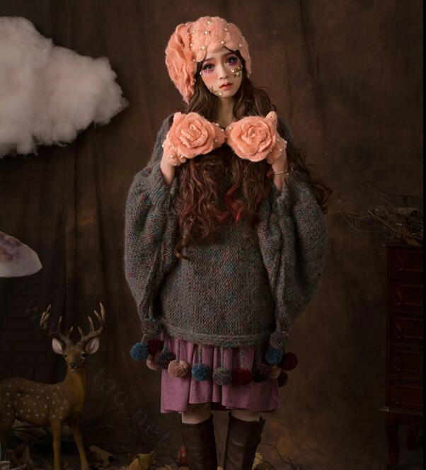 Retro Princess Beret Knitted Wool Hats Girls Winter Warm Lily Flower Pearl Caps - Orange