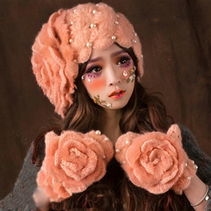 Retro Princess Beret Knitted Wool Hats Girls Winter Warm Lily Flower Pearl Caps - Orange
