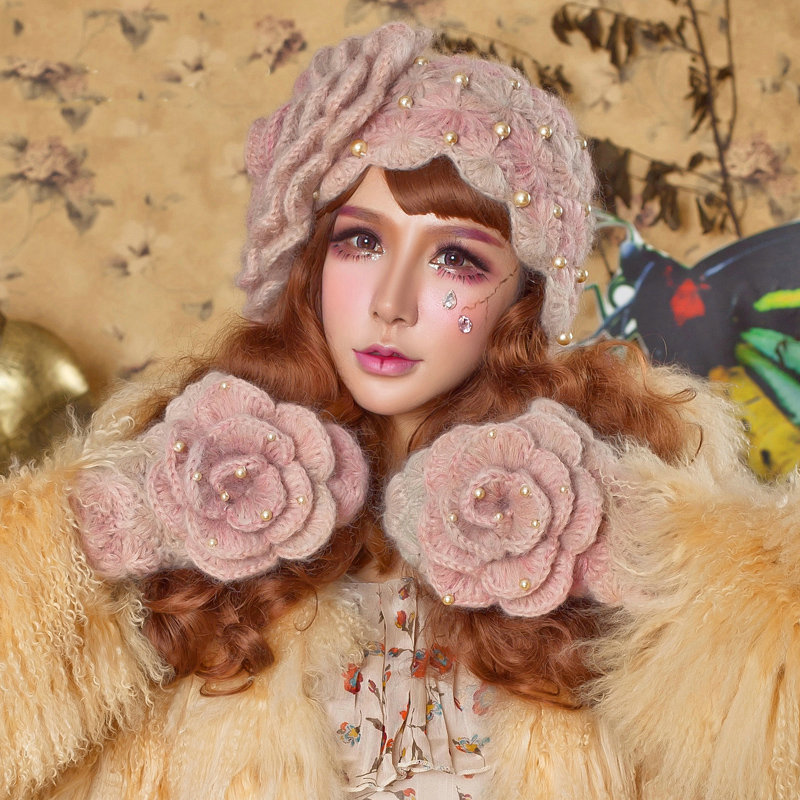 Retro Princess Girls Beret Knitted Wool Hats Winter Warm Big Flower Pearl Caps - Pink