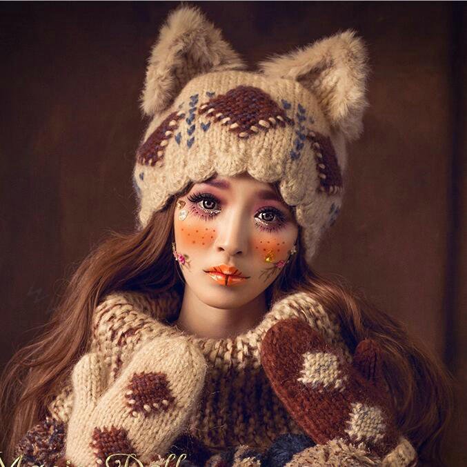 Retro Rabbit Fur Cat Ears Knitted Wool Hats Women Winter Warm Beanies Caps - Beige