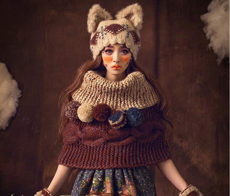 Retro Rabbit Fur Cat Ears Knitted Wool Hats Women Winter Warm Beanies Caps - Beige