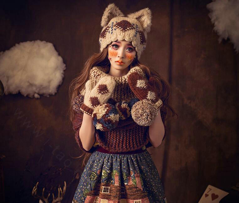 Retro Rabbit Fur Cat Ears Knitted Wool Hats Women Winter Warm Beanies Caps - Beige