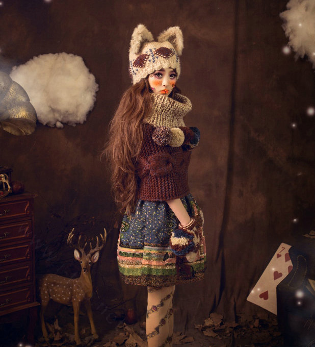 Retro Rabbit Fur Cat Ears Knitted Wool Hats Women Winter Warm Beanies Caps - Beige