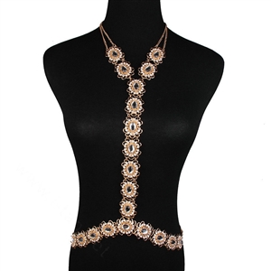 Retro Rhinestones Flower Body Chain Bikini Party Nightclub Decro Necklace Jewelry - Gold