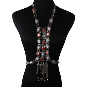 Retro Sliver Plated Tassel Pendant Gem Necklace Bikini Beach Dress Decro Body Chain Jewelry - Coloured