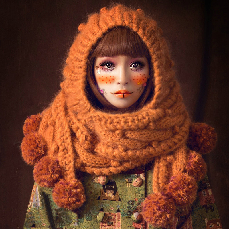 Retro Twist Knitted Wool Caps Hats Women Winter Long Fur Ball Bib Hooded Scarf - Orange
