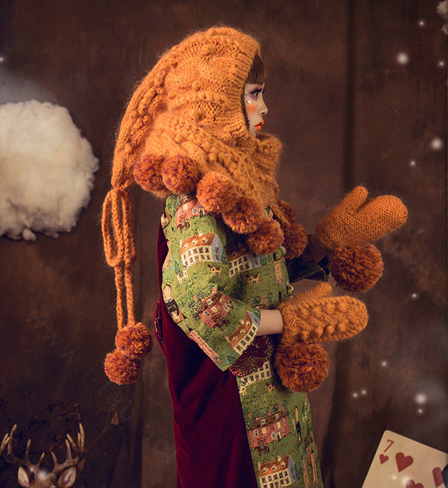 Retro Twist Knitted Wool Caps Hats Women Winter Long Fur Ball Bib Hooded Scarf - Orange