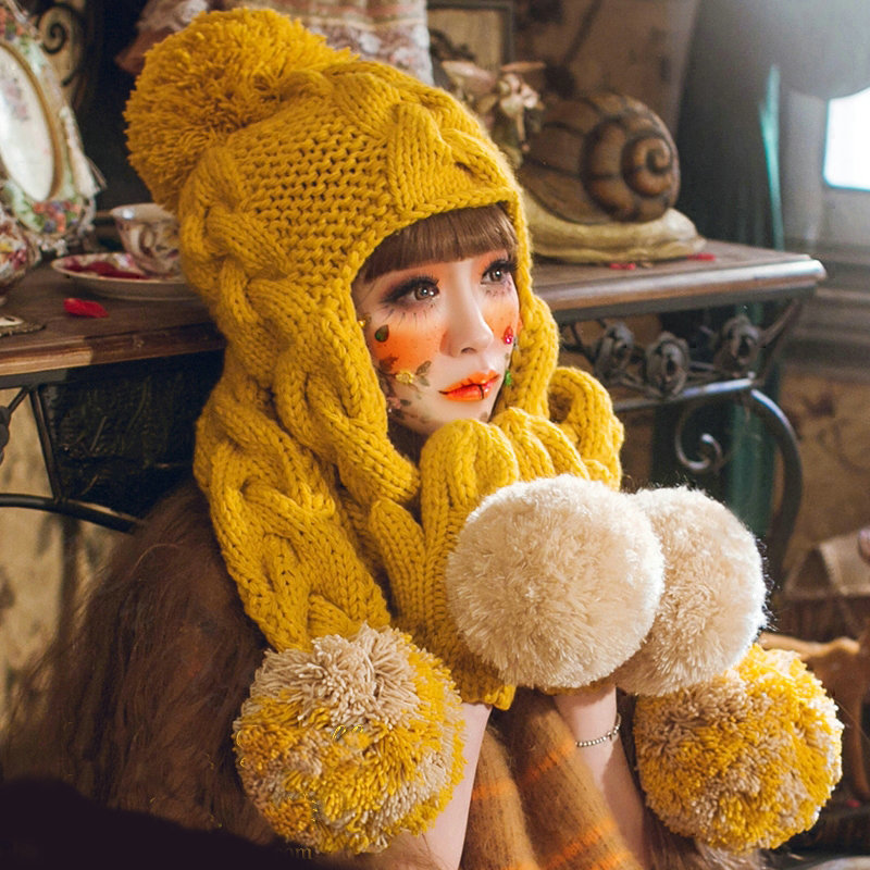 Retro Twist Knitted Wool Caps Hats Women Winter Long Fur Ball Bib Hooded Scarf - Yellow