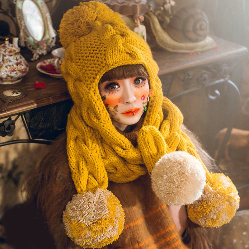 Retro Twist Knitted Wool Caps Hats Women Winter Long Fur Ball Bib Hooded Scarf - Yellow