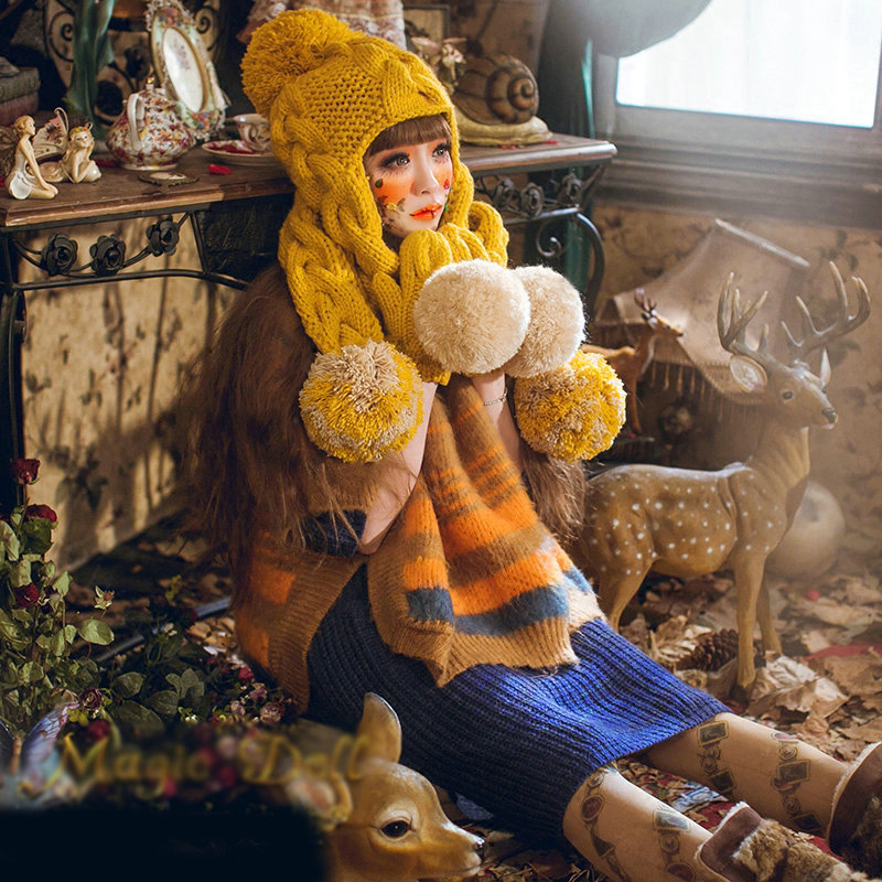 Retro Twist Knitted Wool Caps Hats Women Winter Long Fur Ball Bib Hooded Scarf - Yellow