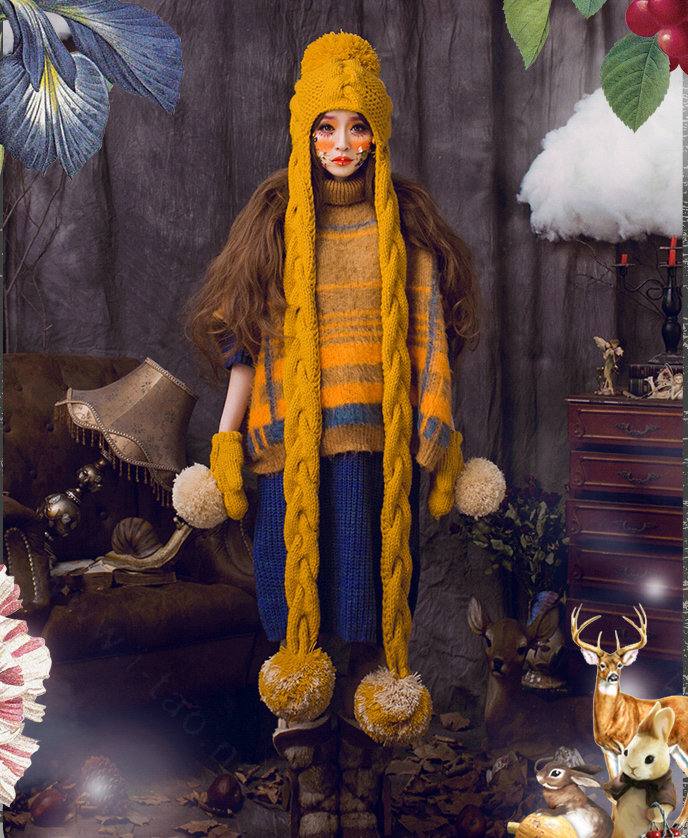 Retro Twist Knitted Wool Caps Hats Women Winter Long Fur Ball Bib Hooded Scarf - Yellow
