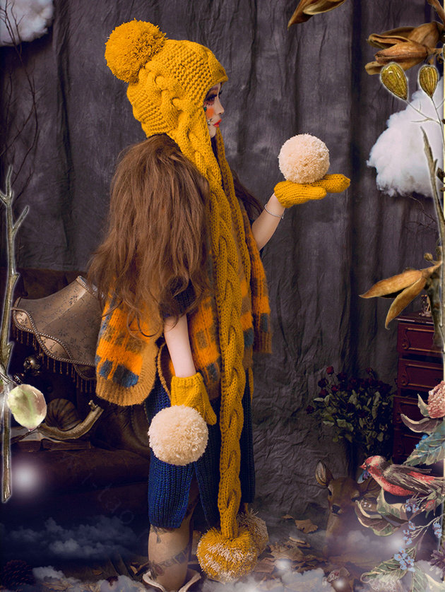 Retro Twist Knitted Wool Caps Hats Women Winter Long Fur Ball Bib Hooded Scarf - Yellow