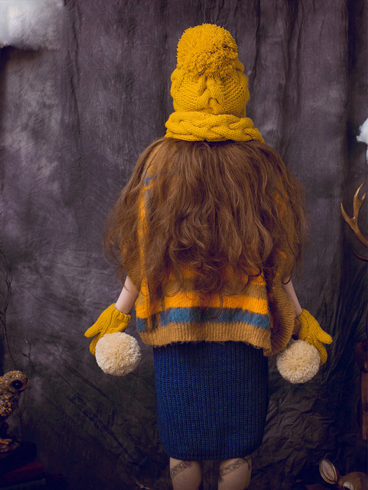 Retro Twist Knitted Wool Caps Hats Women Winter Long Fur Ball Bib Hooded Scarf - Yellow
