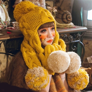 Retro Twist Knitted Wool Caps Hats Women Winter Long Fur Ball Bib Hooded Scarf - Yellow