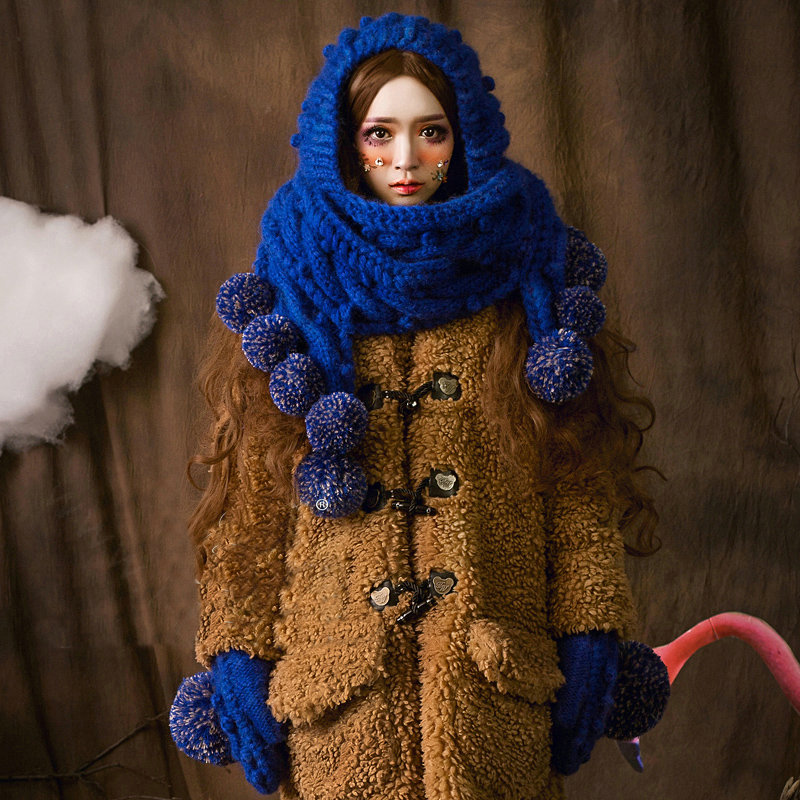 Retro Women Twist Knitted Wool Hats Winter Warm Long Ear Protection Fur Ball Scarf - Blue