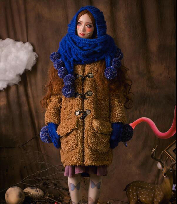 Retro Women Twist Knitted Wool Hats Winter Warm Long Ear Protection Fur Ball Scarf - Blue