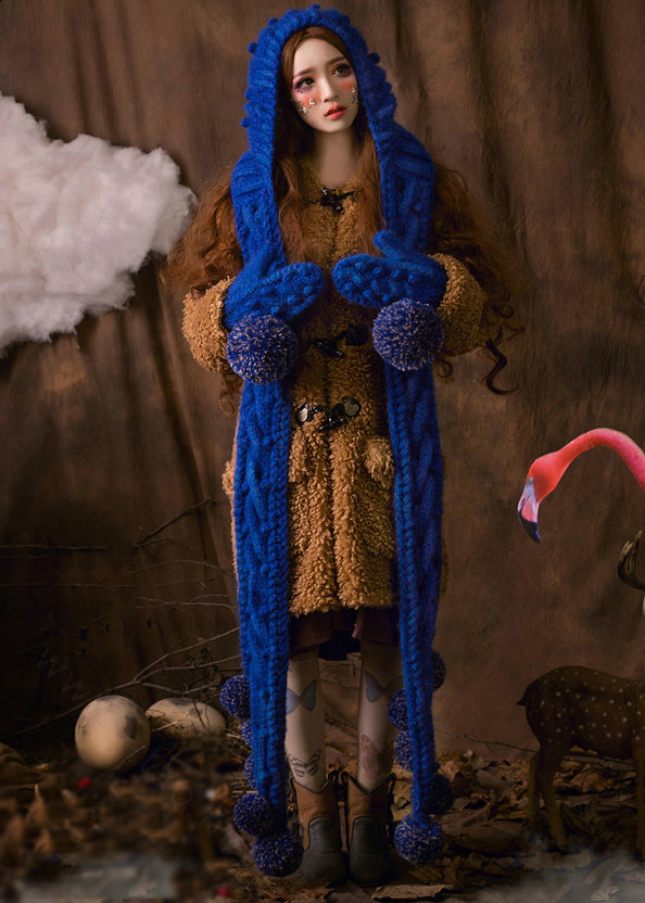 Retro Women Twist Knitted Wool Hats Winter Warm Long Ear Protection Fur Ball Scarf - Blue
