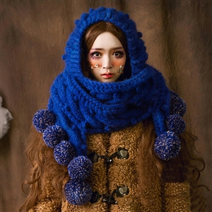 Retro Women Twist Knitted Wool Hats Winter Warm Long Ear Protection Fur Ball Scarf - Blue