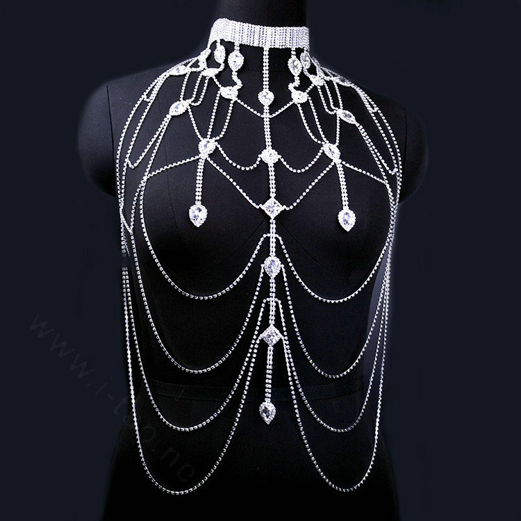 Rhinestone Full Body Chain Bridal Shoulder Necklace Dress Decor Jewellry - Silver