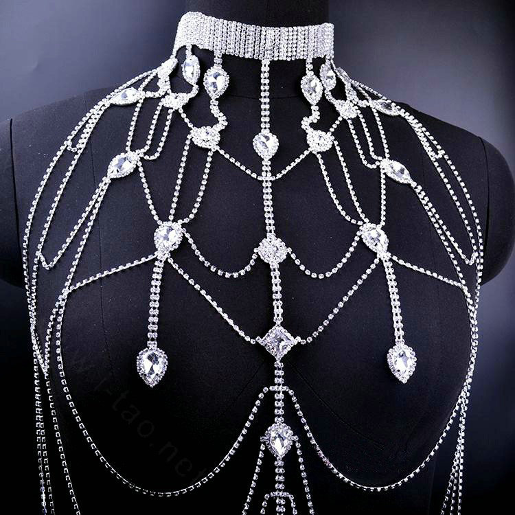 Rhinestone Full Body Chain Bridal Shoulder Necklace Dress Decor Jewellry - Silver