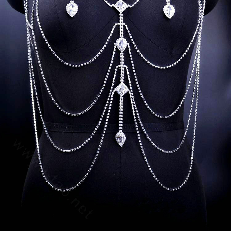 Rhinestone Full Body Chain Bridal Shoulder Necklace Dress Decor Jewellry - Silver